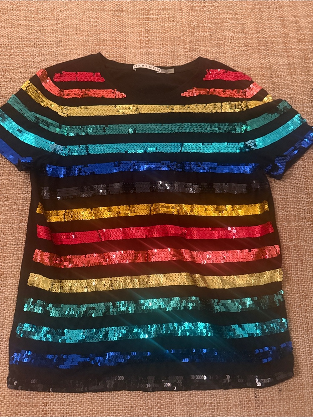 Alice + Olivia Rylyn Sequin Rainbow Stripe Tee  size Medium